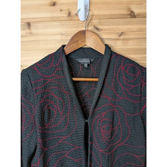 Ming Wang Jacket Women's Petite Medium Black Rose Pattern Cardigan career church - Picture 2 of 10